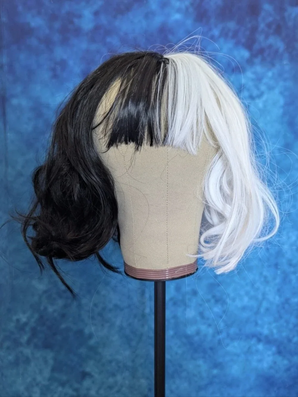 Cruella Style Bob Wig With Adjustable OSFM Cap Black And White Synthetic